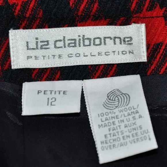 Vintage Liz Claiborne Petite Red & Navy Blue Plaid Wool Skirt & Jacket Ensemble - Picture 3 of 5